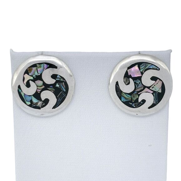 Vintage Mexico Taxco TE-43 Sterling Silver 925 Abalone Inlay Earrings - Picture 4 of 6